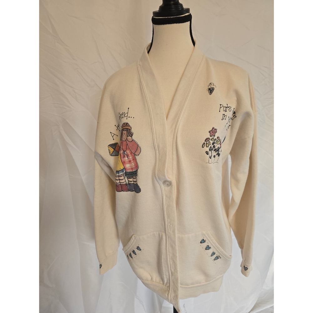 Cream Graphic Sweatshirt Cardigan Women's XL‎ "A True Friend" Art Design Pockets